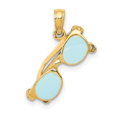 Echt 14kt Gelbgold 3D Aqua Emailliert Sonnenbrille Anhänger