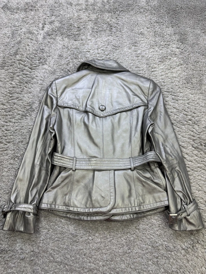 INC International Concepts Leather Jacket Women Small Silver Belted Vented Coat - Image 2 of 4