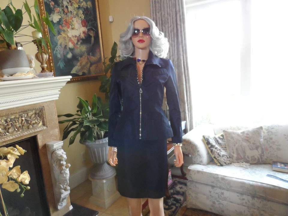 Traje Falda Yves St. Laurent Azul Marino con Cremallera Frontal Joya Talla FR 36 - US 4 Foto 4 de 4