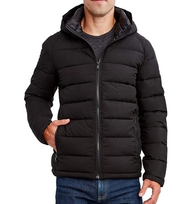 HFX Mens Puffer Jacket Lightweight Hooded Water Wind Resistant Solid Black Large