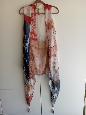 Woman's Red White & Blue 4th of July Memorial Day Stars & Stripes Gauze Vest OS