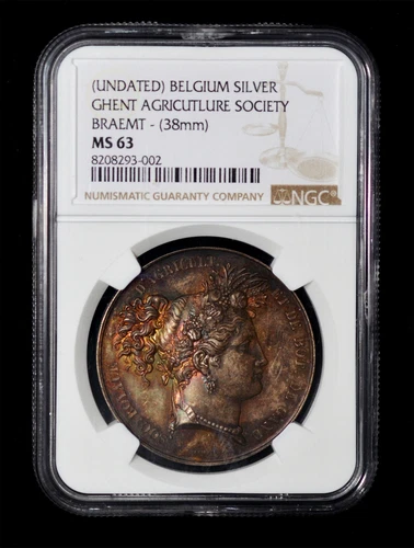 NGC MS63 Belgium Ghent Agricultural Society Medal, 38mm. By Braemt. beautiful to