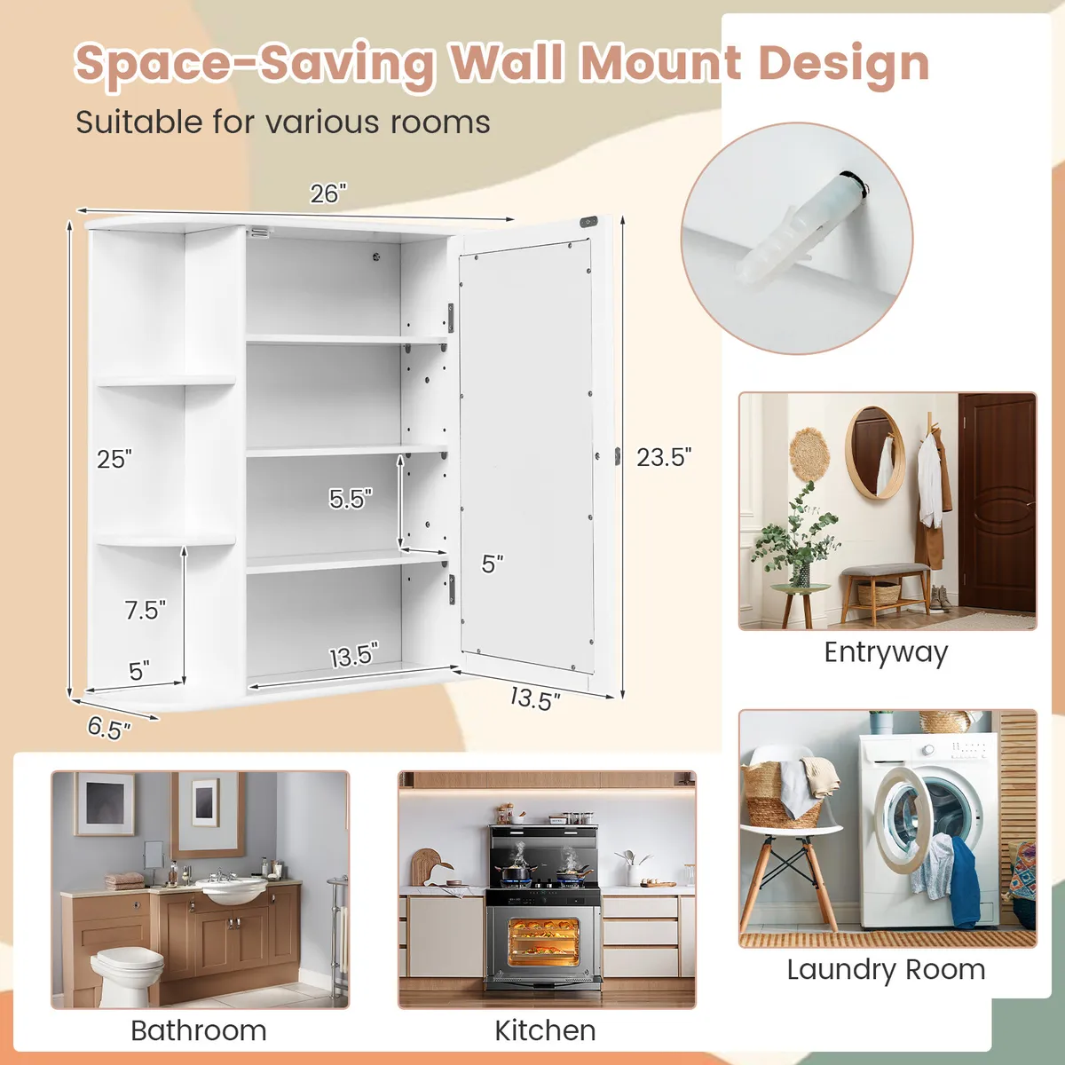 2-Door Wall Mount Bathroom Storage Cabinet with Open Shelf-Espresso | Costway