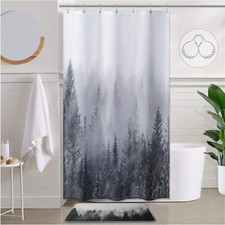 36x72 Misty Forest Stall Shower Curtain Grey Half Nature Woodland with Hooks