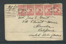 AUSTRALIA 1913 COVER FROM MELBOURNE TO U.S.A BEARING 1D KANGAROO X 5. FINE.