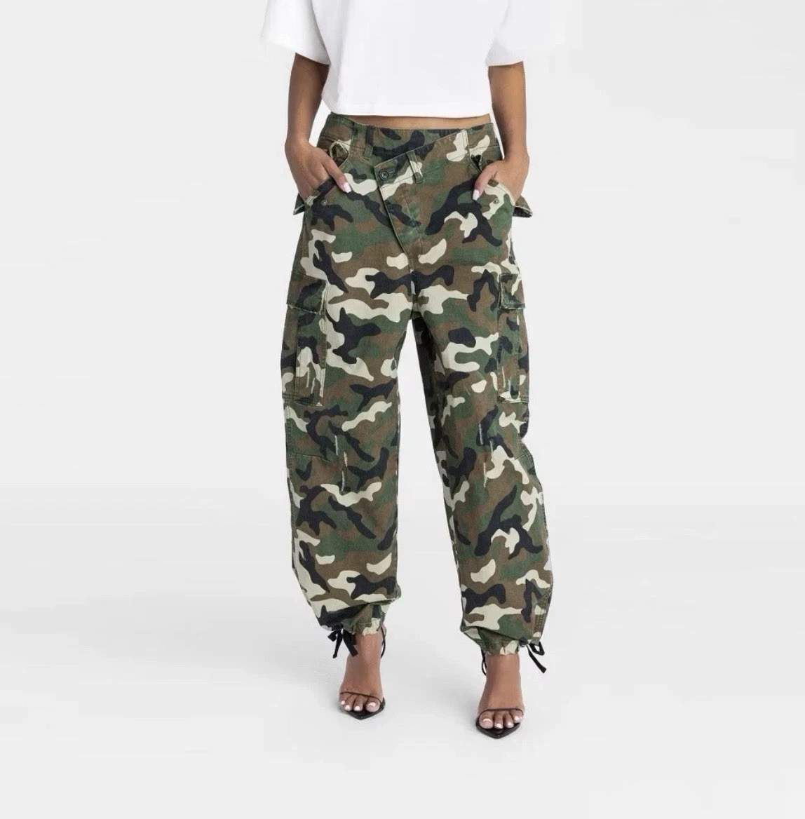KBB by Kahlana Dark Camo Cargo Pants Cotton Canvas Tapered Adjustable Waist M