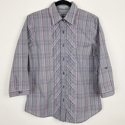 Foxcroft Wrinkle Free Plaid 3/4 Sleeve Button Up Shirt Womens 6 Navy Pink White