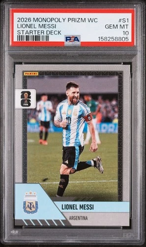 2026 PANINI PRIZM MONOPOLY FIFA WORLD CUP STARTER DECK #S1 LIONEL MESSI PSA 10