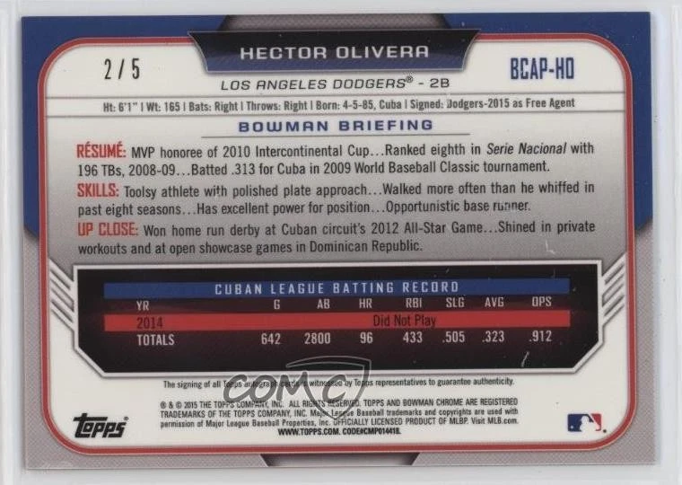 2015 Bowman Chrome Prospects Red Refractor /5 Hector Olivera Rookie Auto RC - Image 2 of 2