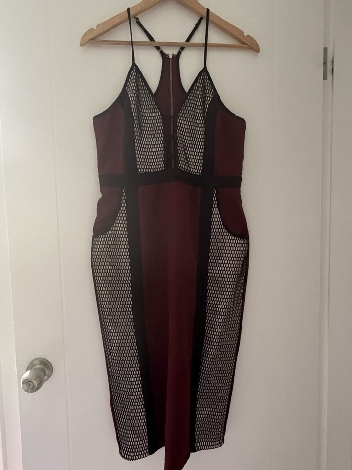 Runaway Burgundy Midi Bodycon Dress With Mesh Detail