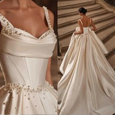 Elegant Pearls Wedding Dresses A Line Satin Sleeveless Custom Made Backless