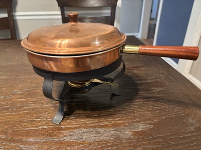 Vintage Copper & Iron Chafing Dish with Pan, Domed Lid, Stand, Sterno Warmer