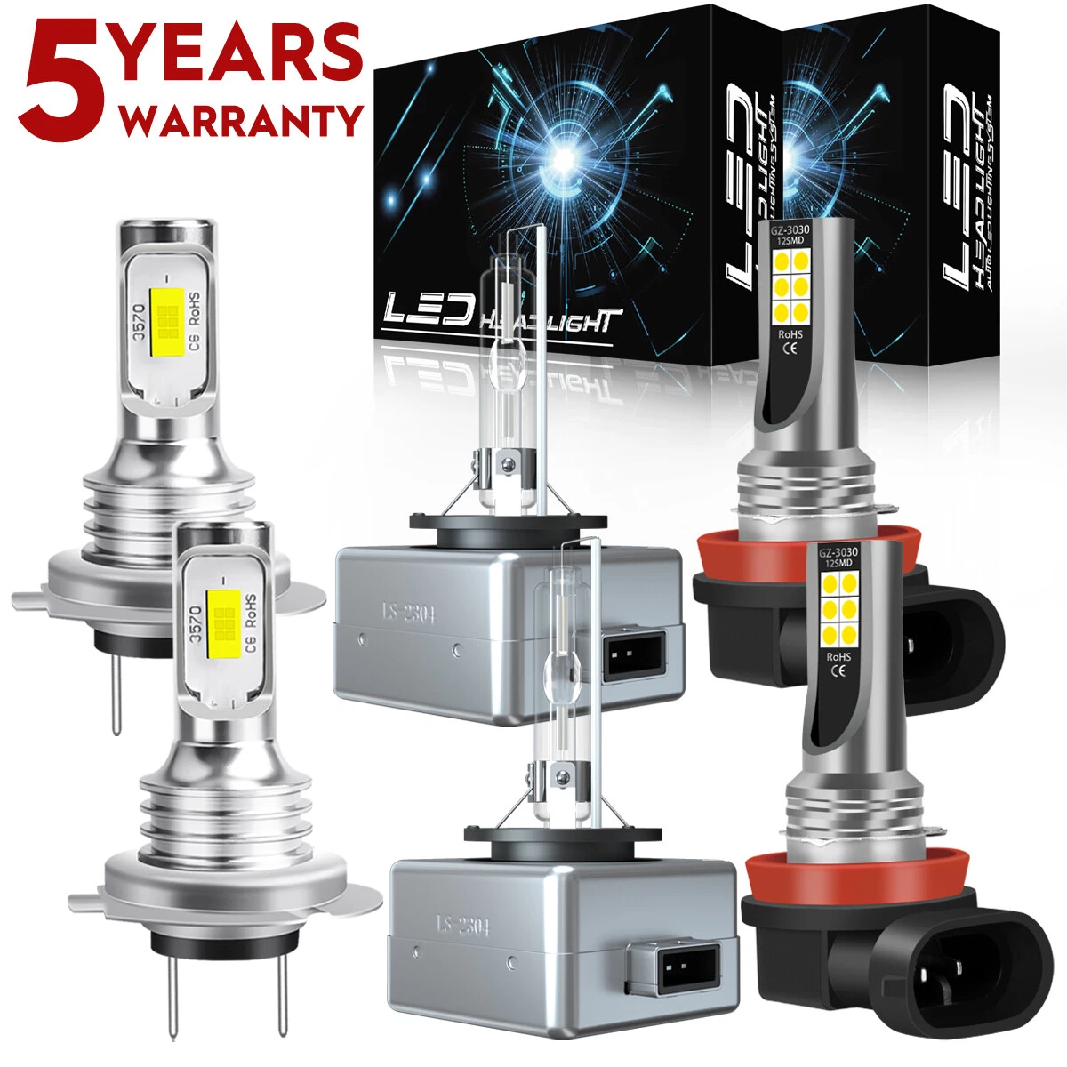 For Mercedes-Benz S550 2007-2010 LED HID Xenon Headlight Hi Lo+Fog Light Bulb BY