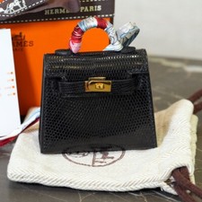 Bnib Authentic Hermes Micro Kelly Twilly Handbag Bag Charm Black Lizard Gold Hwr