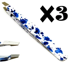 3× Premium Tweezers Blue/White Slanted Tip Eyebrow Hair Removing Beauty Tools