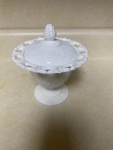 Vintage Footed (Indiana?)Milk Glass Covered Candy Dish with Lattice Edge