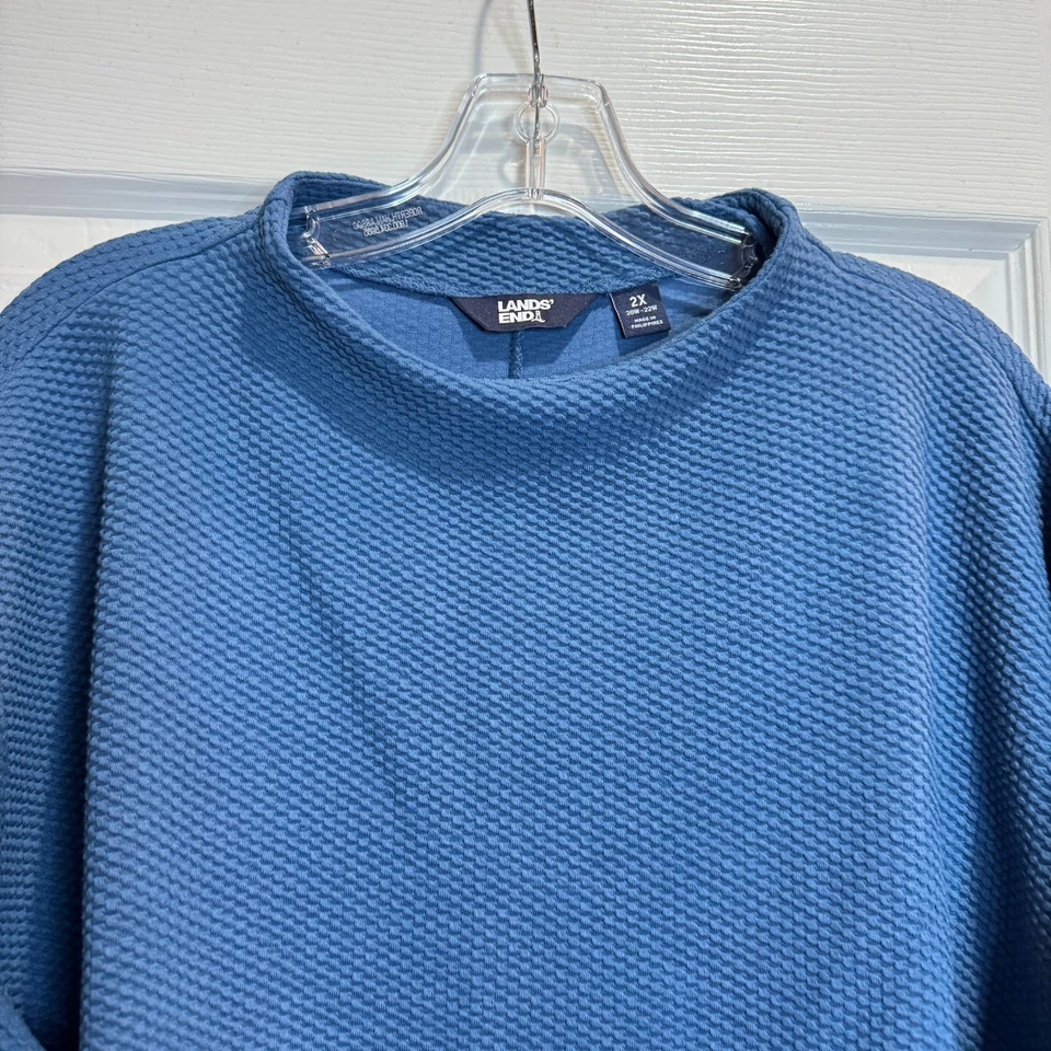 Pullover Lands End para mujer cuello embudo tejido gofre azul mezcla de algodón talla 2X Foto 2 de 4