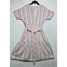 GAP Women's Linen Cotton Striped Tiered Midi Dress Split V-Neck Belted Size 8