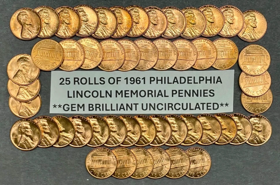 1961-P Lincoln Memorial Penny Lot of 25 BU Rolls ~ 1,250 GEM BU 1961-P Pennies - Image 2 of 4