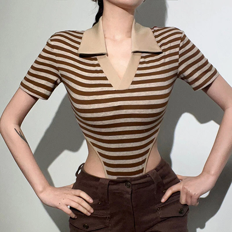 Damen Gestreift one piece Body Strampler Revers V-Ausschnitt Kurzärmeliges Top - Bild 2 von 4