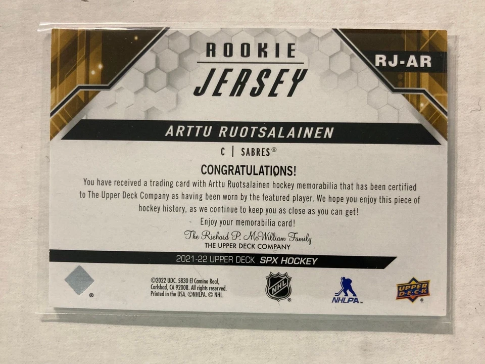 2021-22 SPx Rookie Jersey #RJ-AR Arttu Ruotsalainen RC H2R1A - Image 2 of 2
