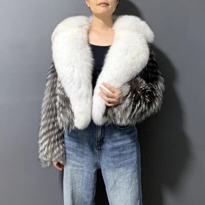 Women Genuine Silver Fox Fur Coats With Big Lapel New Winter Real Fur  Overcoats