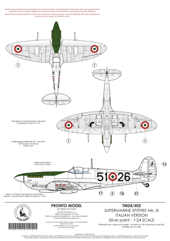 TAURO MODEL TM24/502 SPITFIRE MK.IX ITALIAN VERSION (SILVER) SCALA 1:24 - Immagine 2 di 3