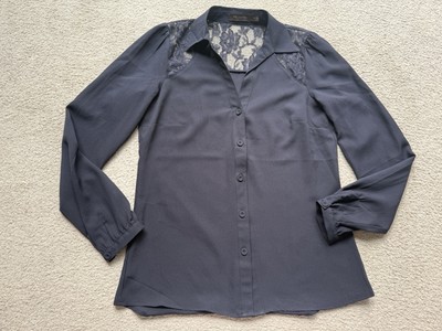 THE LIMITED Women s Navy Blue Lace Top Button Up Top Shirt Blouse Long Sleeve XS