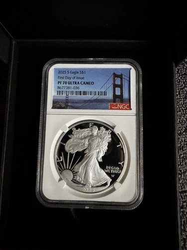 2025 S $1 1 oz Proof Silver Eagle NGC PF70 First Day of Issue GG Bridge Label