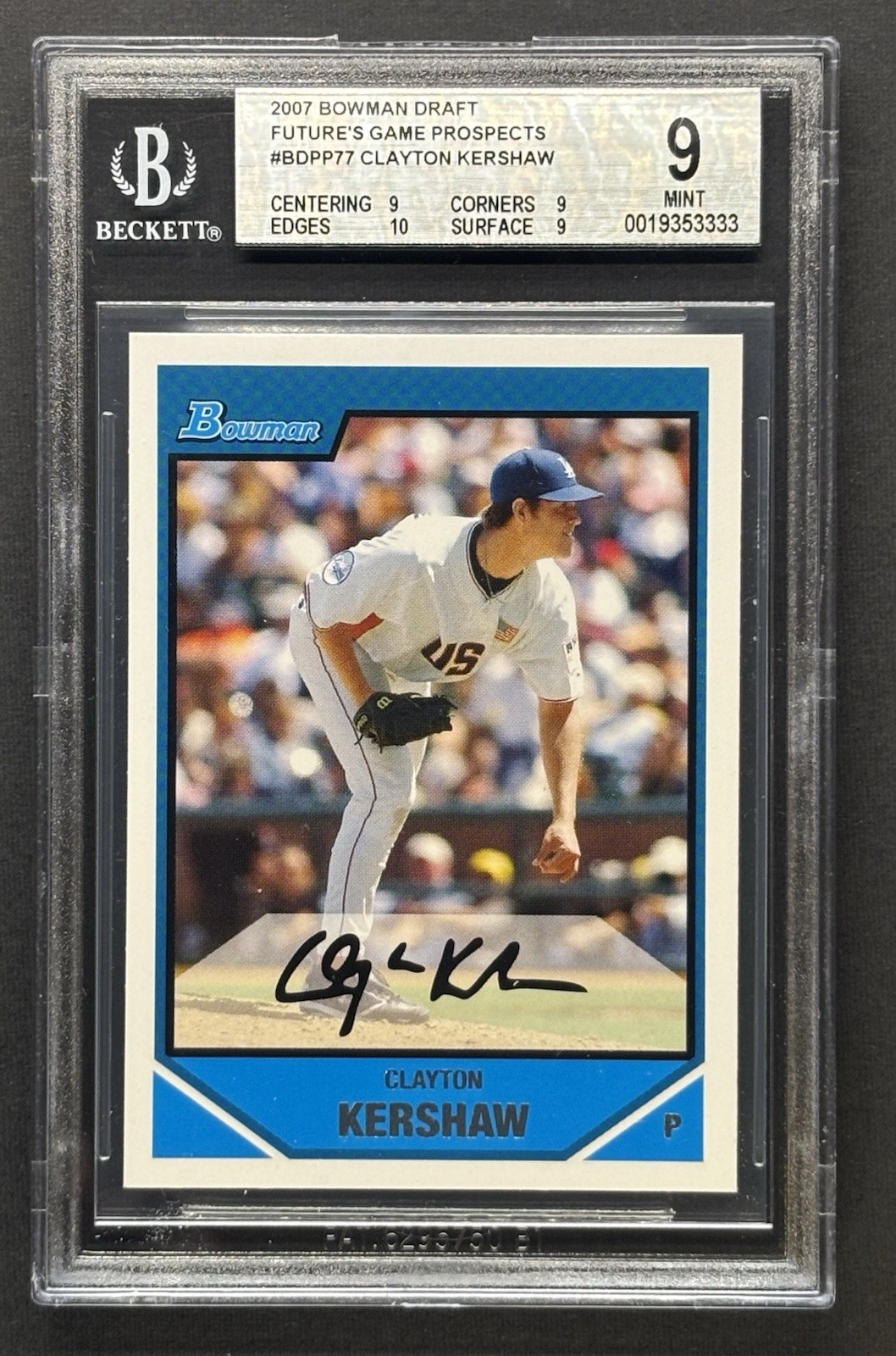 2007 Bowman Draft Clayton Kershaw RC Rookie #BDPP77 - BGS 9 Mint