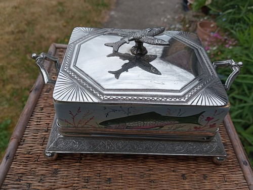 Antique Hand Painted Silver Lid and Tray Sardine Dish Box in A1 Great Condition - Picture 3 of 9