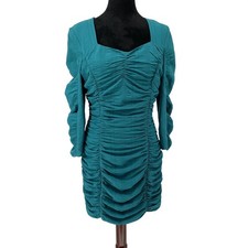 Endless Rose Teal Green Ruched Mini Dress Long Sleeve Square Neck Cocktail