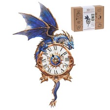 3D Wooden Puzzles for Adults, Blue Dragon Clock with Pendulum Model Kit, 3D