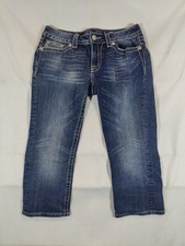 Miss Me Jeans Women 29 Capri Embellished Fleur De Lis Denim Vintage Wash Blue