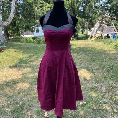 Vintage Skater Dress Corset Flowy Halter Burgundy Black Cotton Stretch S Retro
