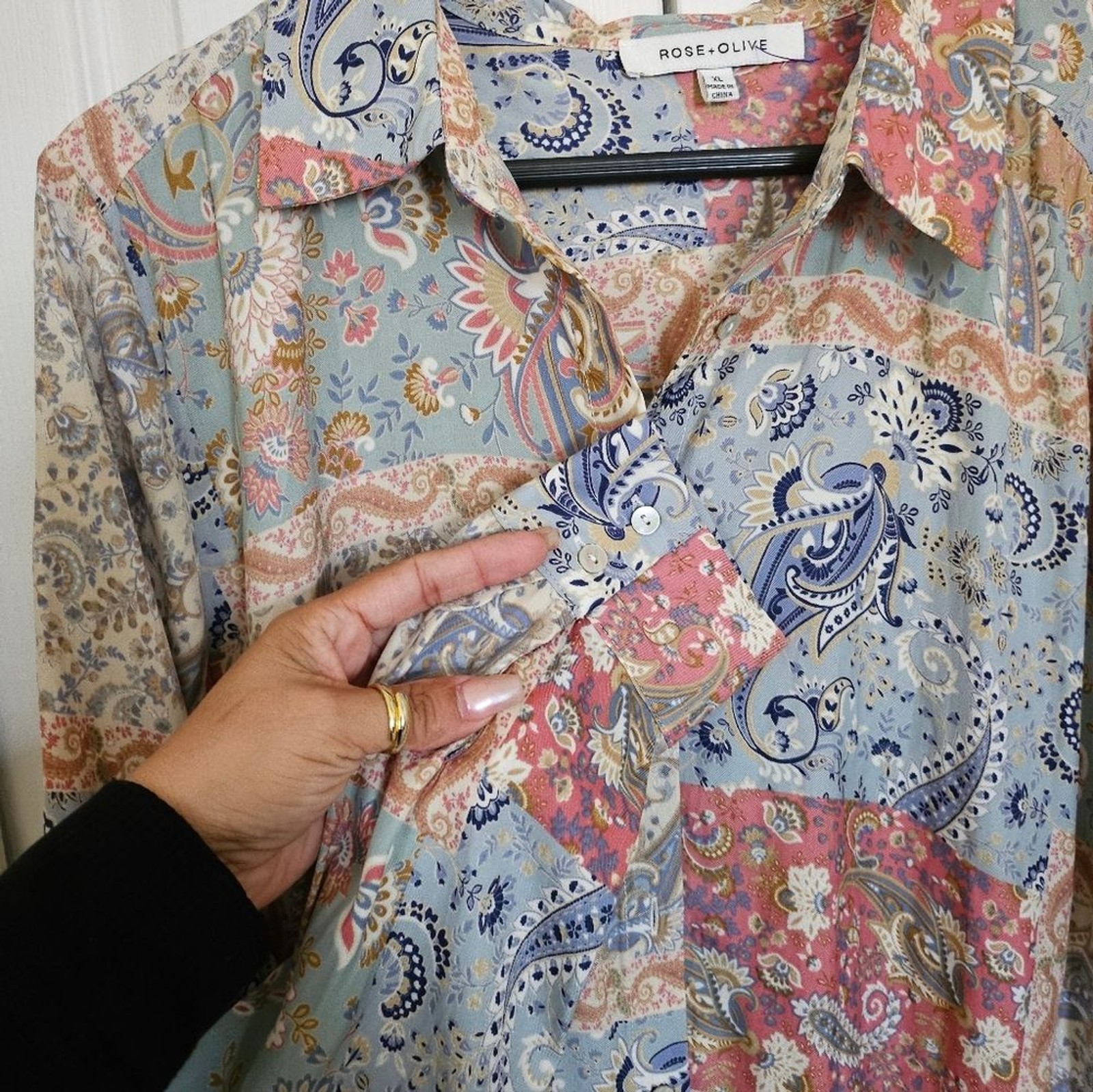 Rose + Olive Paisley Patchwork Button Down Blouse… - image 10