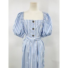 J Crew Cottage Dress Blue White Stripe Puff Sleeve Midi Button Tie Waist M NWT