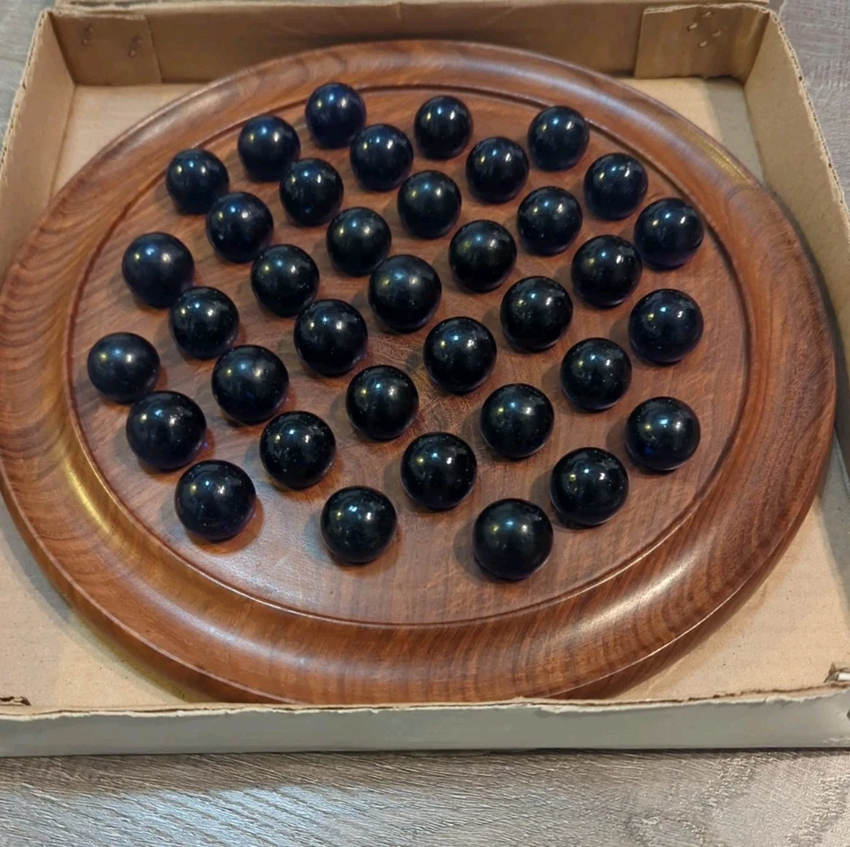 Handmade Wooden Marble Solitaire Board w/ Vtg 37 Glass Marbles Solid Purple - Image 3 of 4