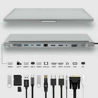 12in1 Type-C USB-C Hub Adapter to 2 HDMI USB VGA TF Audio With PD for MacBook US