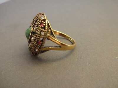 Bague Ronde Ciselée - Cabochon Vert & Strass - Taille 59 - Doré/Bronze - Occasion