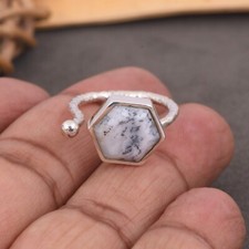Dendritic Opal Hexagon Shape Adjustable 925 Sterling Silver Ring High For Her