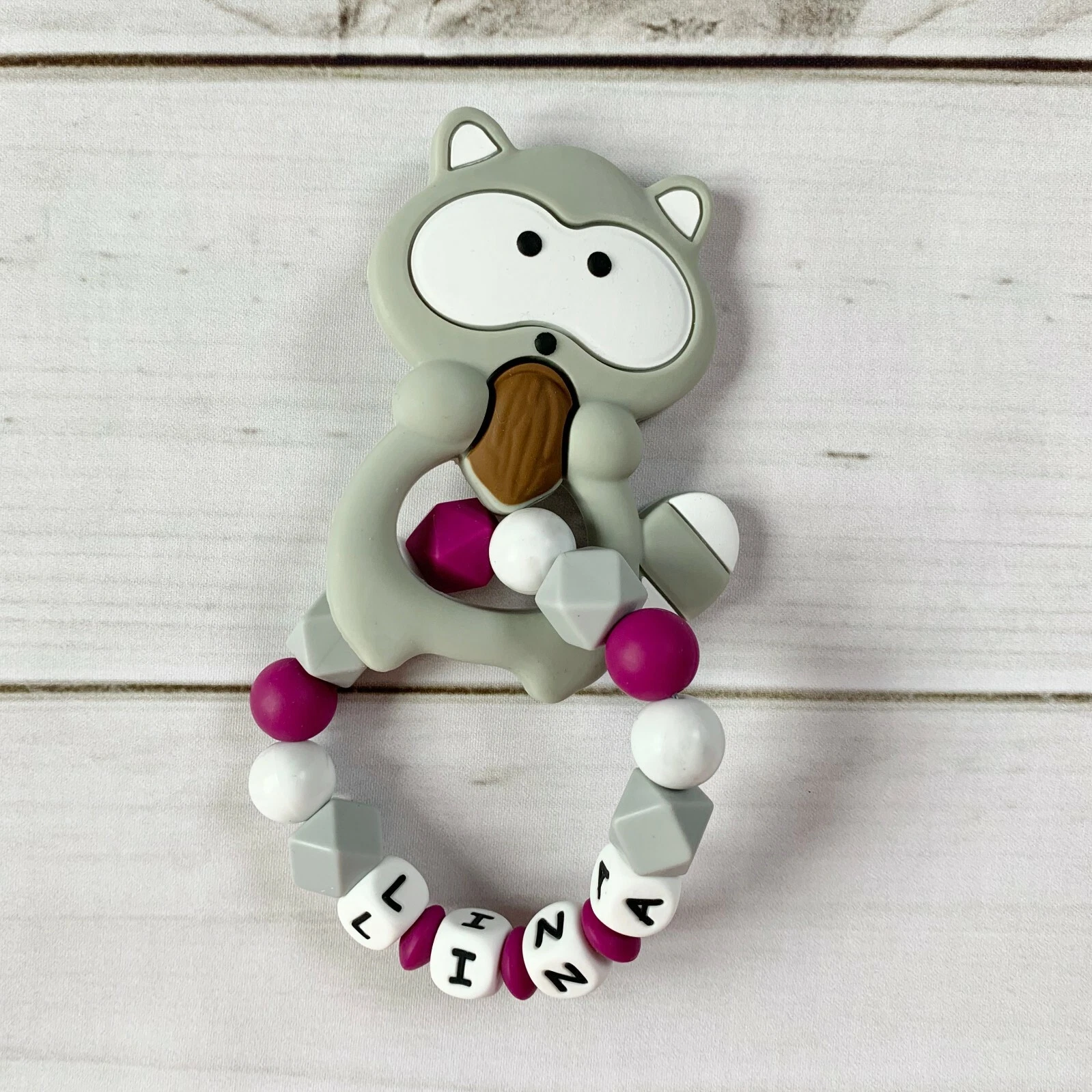 Teething Ring Gripping Grasping Toy with Name Silicone Girls Light Grey Berry