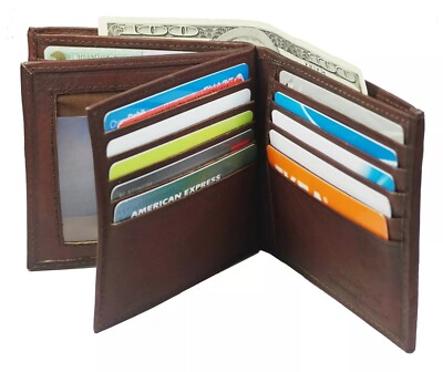Genuine Leather Mens Bifold 2 ID's multi Card Double Flap Wallet Brown AH99