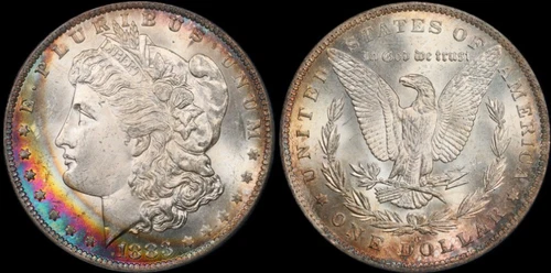 1883-O MORGAN DOLLAR $1 SILVER PCGS MS64 CAC RAINBOW CRESCENT TONED (D255)