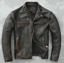 Men’s Motorcycle Biker Vintage Cafe Racer Distressed Black Real Leather Jacket