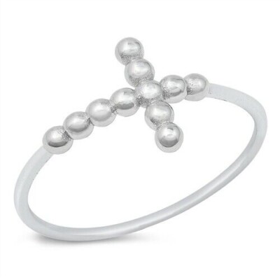 Beaded Cross Ring Sterling Silver 925 Rhodium Plated Height 9.5 mm Size ...