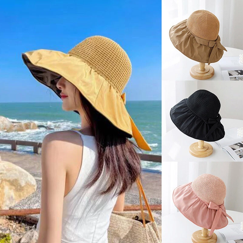 Ladies Women Sun Hat Straw Spring Summer Floppy Beach Wide Brim Foldable Cap UK