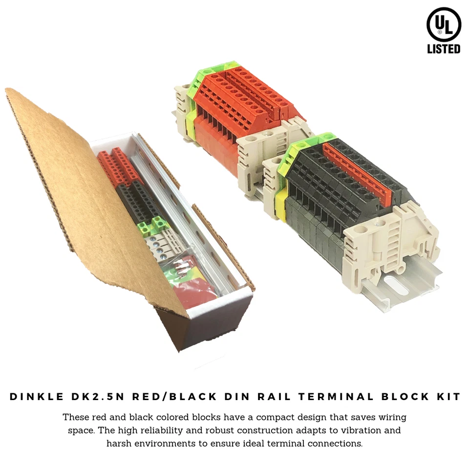 Red/Black DIN Rail Terminal Block Kit Dinkle 20 DK2.5N 12 AWG Gauge 20A 600V  - Image 2 of 4
