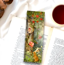 Red bird rabbit bookmark whimsical flowers gift for readers bookworms handmade