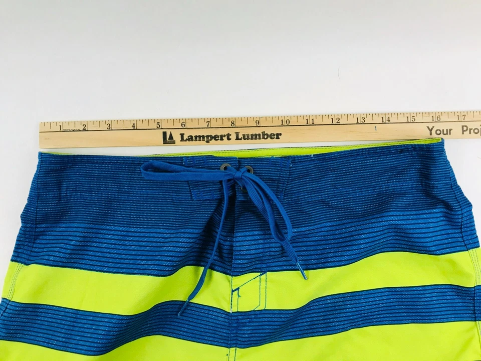 O'neill Swim Trunks Men's Size 34 Lime Green and Blue Striped Drawstrings Pocket - Image 3 of 4